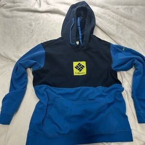Columbia Men's Blue and Black Hoodie with Yellow Logo